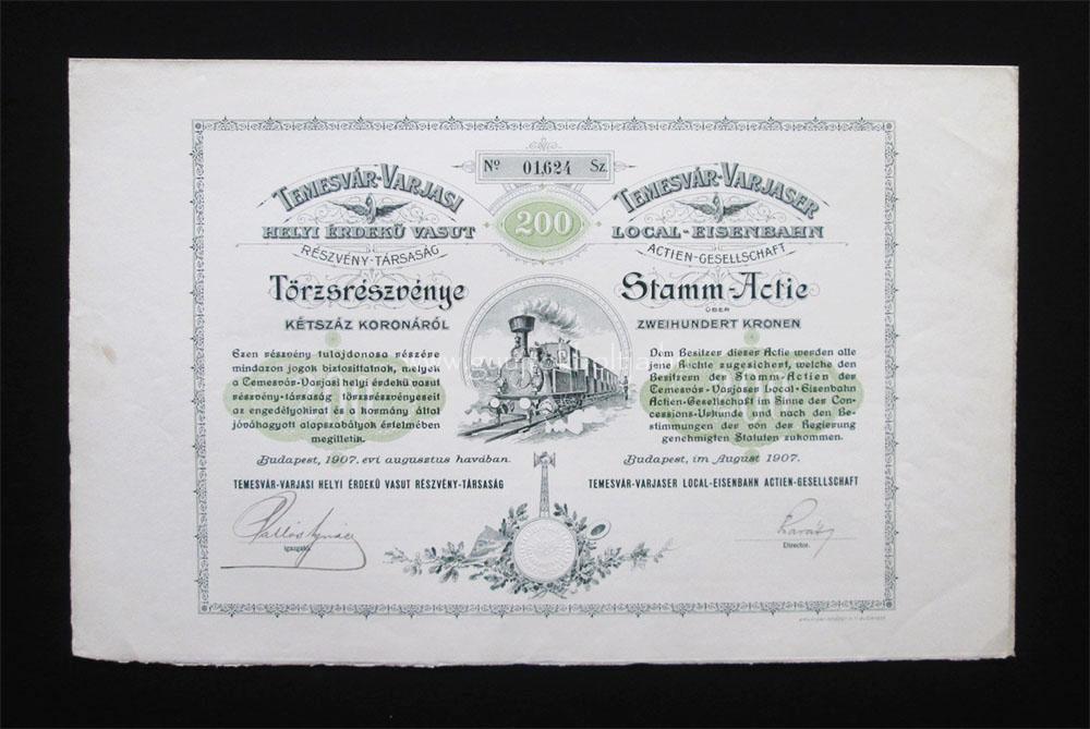 Temesvár-Varjasi Vasút (törzs) 200 korona 1907 (ROU)